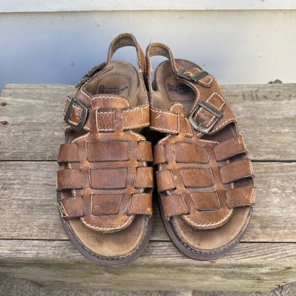 Y2K Dr Martens Doc Chunky Fisherman Brown Leather Sandals Slingback UK10 England - Picture 2 of 8